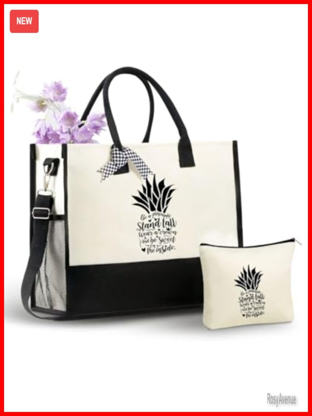 Canvas Tote Bag Set with Makeup Pouch Adjustable Strap Pineapple Lovers Large